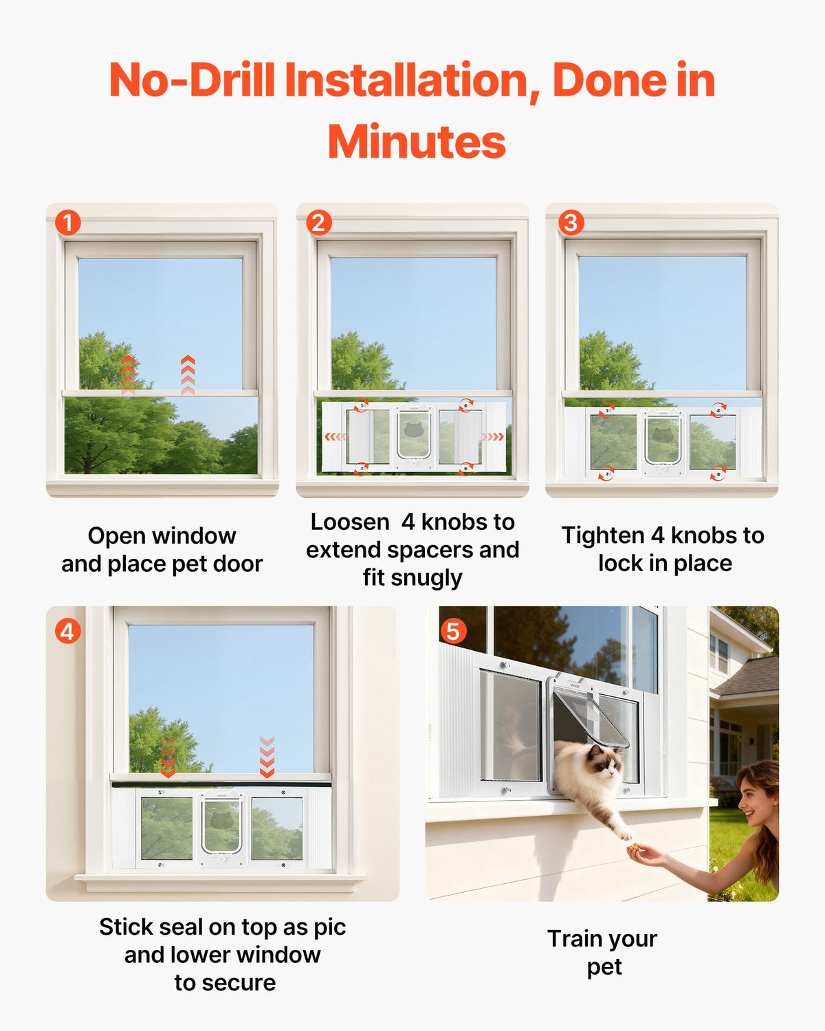 VEVOR Cat Door for Window, Adjustable to Fit Window Width 35"-40", 4 Secure Lock Modes, Aluminum Frame and High-Transparency Glass, Magnetic Closure, Weatherproof Quick-Fit Pet Door for Cats, White - CHMMZYSSK354BMYGM001V0 - view 6