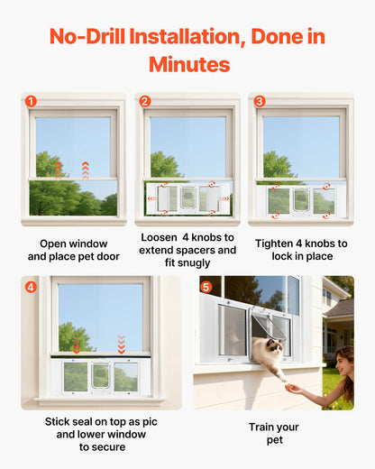 VEVOR Cat Door for Window, Adjustable to Fit Window Width 35"-40", 4 Secure Lock Modes, Aluminum Frame and High-Transparency Glass, Magnetic Closure, Weatherproof Quick-Fit Pet Door for Cats, White - CHMMZYSSK354BMYGM001V0 - view 6