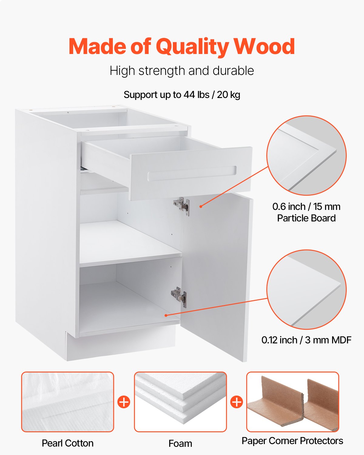 VEVOR White Shaker Base Cabinet with Drawer, 18-Inch Unassembled Drawer Base Cabinet, 18" W x 24" D x 34.5" H Ready to Assemble Cabinet with Soft-Close Door and Adjustable Shelf, for Home Office - CJDJCJDJ1C1MILIODV0 - view 3