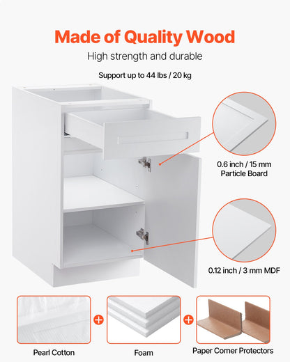 VEVOR White Shaker Base Cabinet with Drawer, 18-Inch Unassembled Drawer Base Cabinet, 18" W x 24" D x 34.5" H Ready to Assemble Cabinet with Soft-Close Door and Adjustable Shelf, for Home Office - CJDJCJDJ1C1MILIODV0 - view 3
