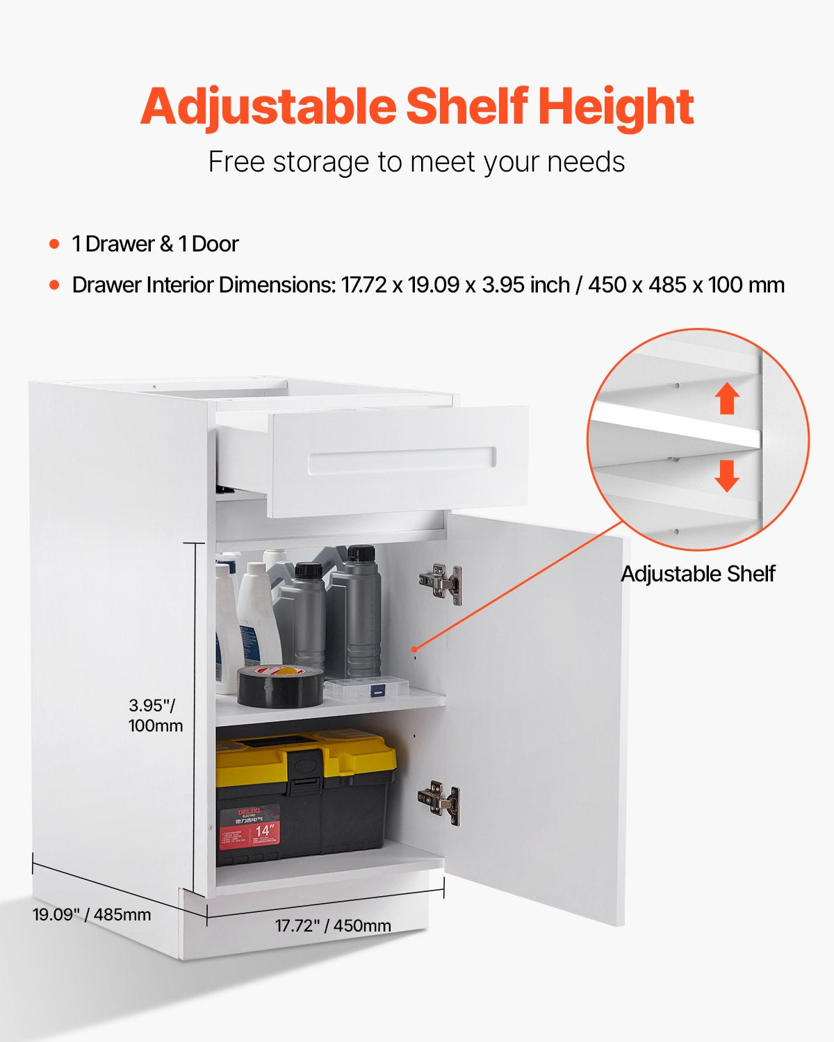 VEVOR White Shaker Base Cabinet with Drawer, 18-Inch Unassembled Drawer Base Cabinet, 18" W x 24" D x 34.5" H Ready to Assemble Cabinet with Soft-Close Door and Adjustable Shelf, for Home Office - CJDJCJDJ1C1MILIODV0 - view 6