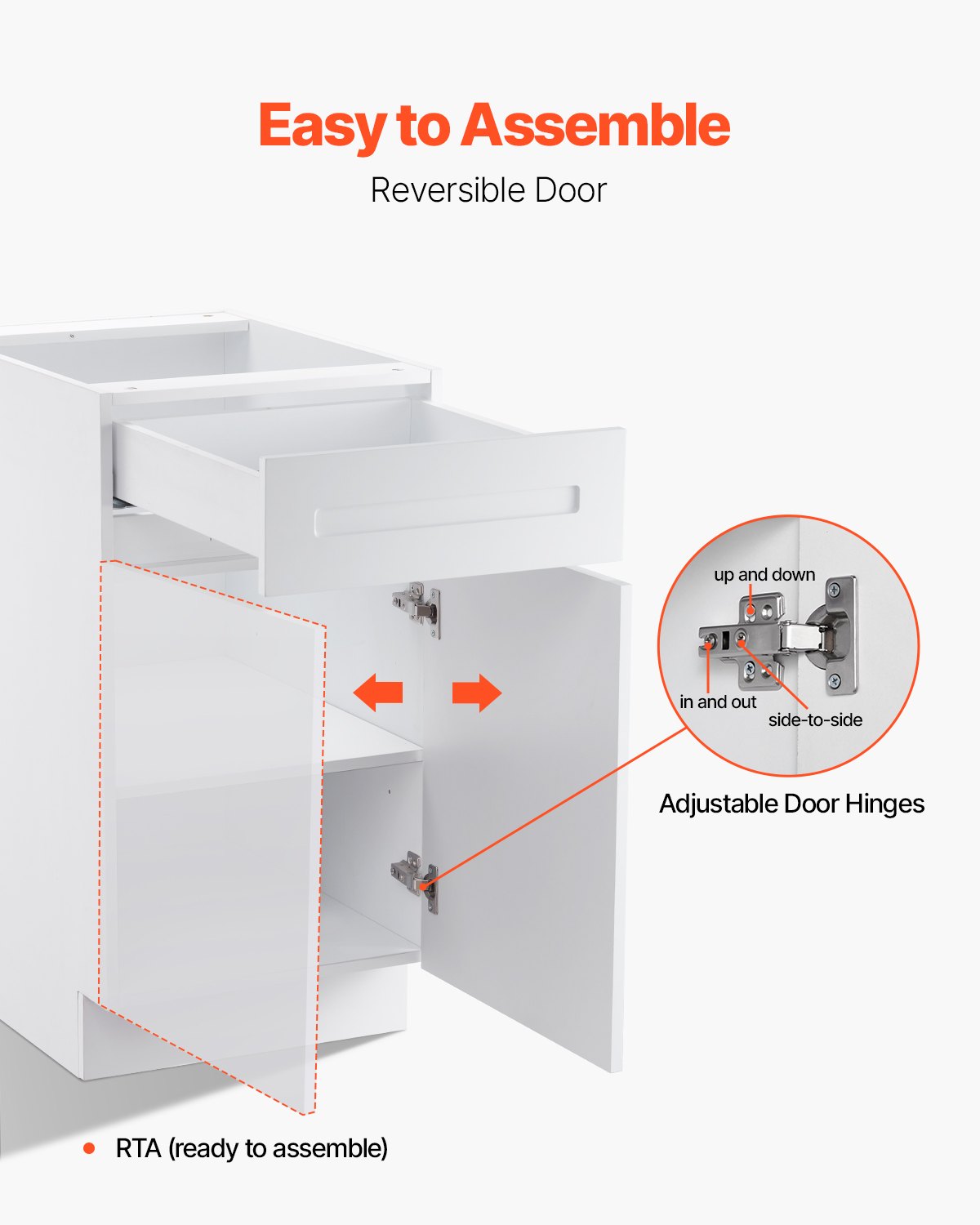 VEVOR White Shaker Base Cabinet with Drawer, 18-Inch Unassembled Drawer Base Cabinet, 18" W x 24" D x 34.5" H Ready to Assemble Cabinet with Soft-Close Door and Adjustable Shelf, for Home Office - CJDJCJDJ1C1MILIODV0 - view 7