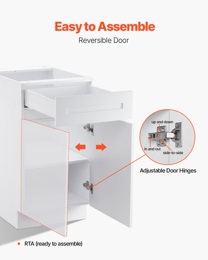 VEVOR White Shaker Base Cabinet with Drawer, 18-Inch Unassembled Drawer Base Cabinet, 18" W x 24" D x 34.5" H Ready to Assemble Cabinet with Soft-Close Door and Adjustable Shelf, for Home Office - CJDJCJDJ1C1MILIODV0 - view 7
