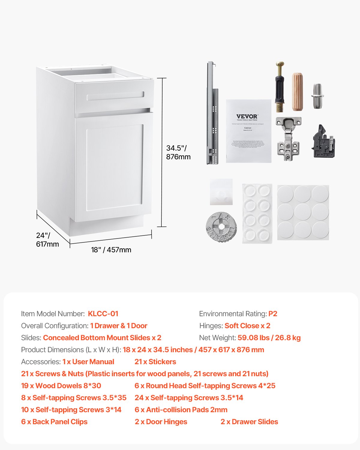 VEVOR White Shaker Base Cabinet with Drawer, 18-Inch Unassembled Drawer Base Cabinet, 18" W x 24" D x 34.5" H Ready to Assemble Cabinet with Soft-Close Door and Adjustable Shelf, for Home Office - CJDJCJDJ1C1MILIODV0 - view 8