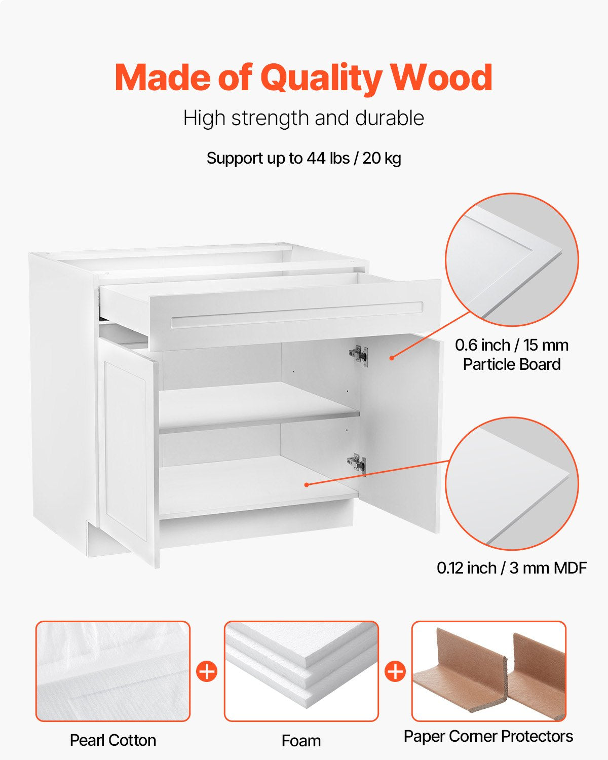 VEVOR White Shaker Base Cabinet with Drawer, 30-Inch Unassembled Drawer Base Cabinet, 30" W x 24" D x 34.5" H Ready to Assemble Cabinet with Soft-Close Doors and Adjustable Shelf, for Home Office - CJDJCJDJ1C2M35FDRV0 - view 3