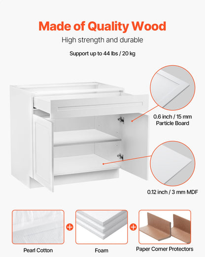 VEVOR White Shaker Base Cabinet with Drawer, 30-Inch Unassembled Drawer Base Cabinet, 30" W x 24" D x 34.5" H Ready to Assemble Cabinet with Soft-Close Doors and Adjustable Shelf, for Home Office - CJDJCJDJ1C2M35FDRV0 - view 3