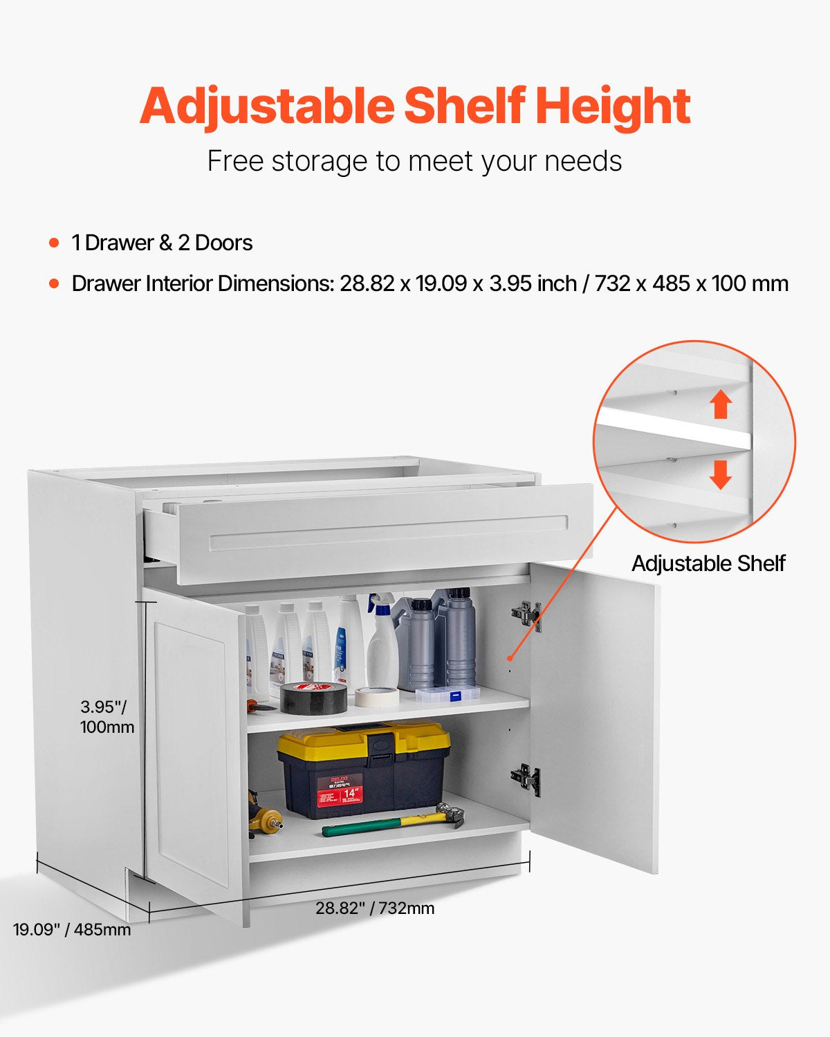 VEVOR White Shaker Base Cabinet with Drawer, 30-Inch Unassembled Drawer Base Cabinet, 30" W x 24" D x 34.5" H Ready to Assemble Cabinet with Soft-Close Doors and Adjustable Shelf, for Home Office - CJDJCJDJ1C2M35FDRV0 - view 6