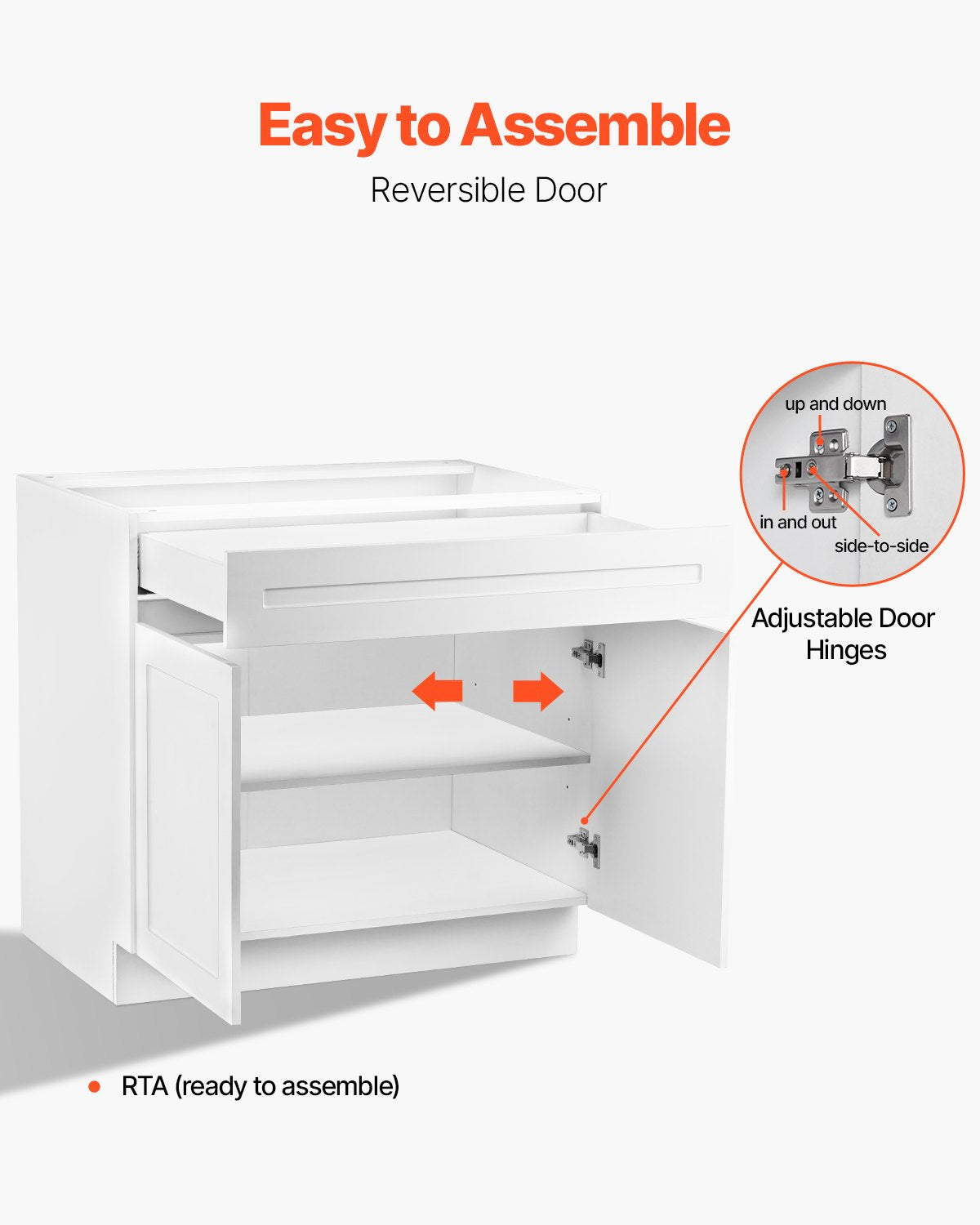 VEVOR White Shaker Base Cabinet with Drawer, 30-Inch Unassembled Drawer Base Cabinet, 30" W x 24" D x 34.5" H Ready to Assemble Cabinet with Soft-Close Doors and Adjustable Shelf, for Home Office - CJDJCJDJ1C2M35FDRV0 - view 7