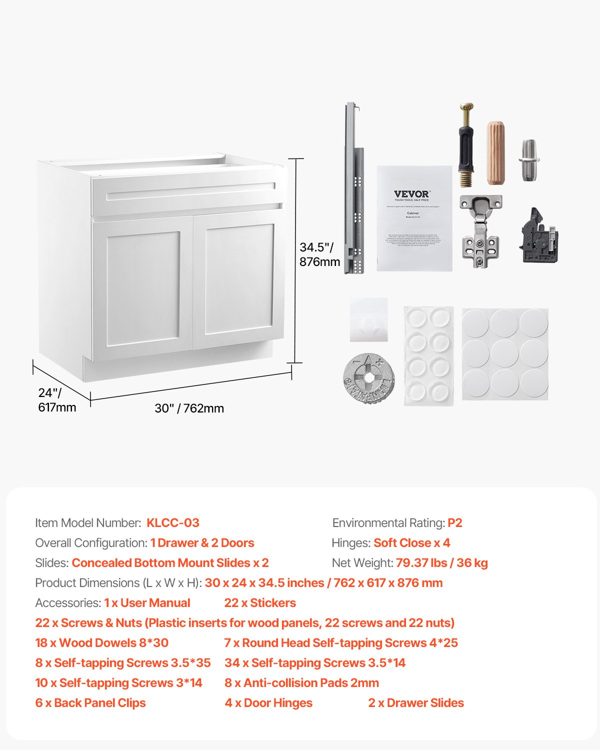 VEVOR White Shaker Base Cabinet with Drawer, 30-Inch Unassembled Drawer Base Cabinet, 30" W x 24" D x 34.5" H Ready to Assemble Cabinet with Soft-Close Doors and Adjustable Shelf, for Home Office - CJDJCJDJ1C2M35FDRV0 - view 8