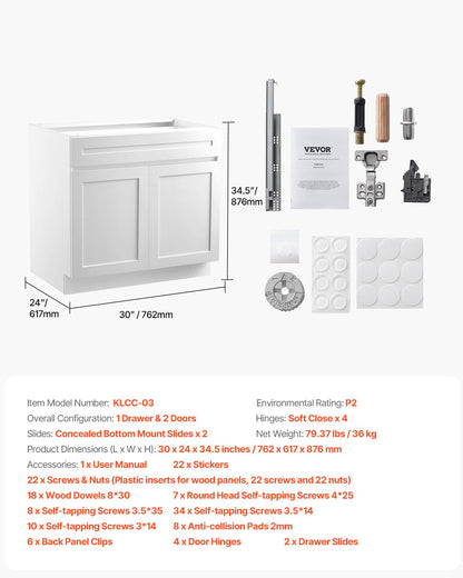 VEVOR White Shaker Base Cabinet with Drawer, 30-Inch Unassembled Drawer Base Cabinet, 30" W x 24" D x 34.5" H Ready to Assemble Cabinet with Soft-Close Doors and Adjustable Shelf, for Home Office - CJDJCJDJ1C2M35FDRV0 - view 8