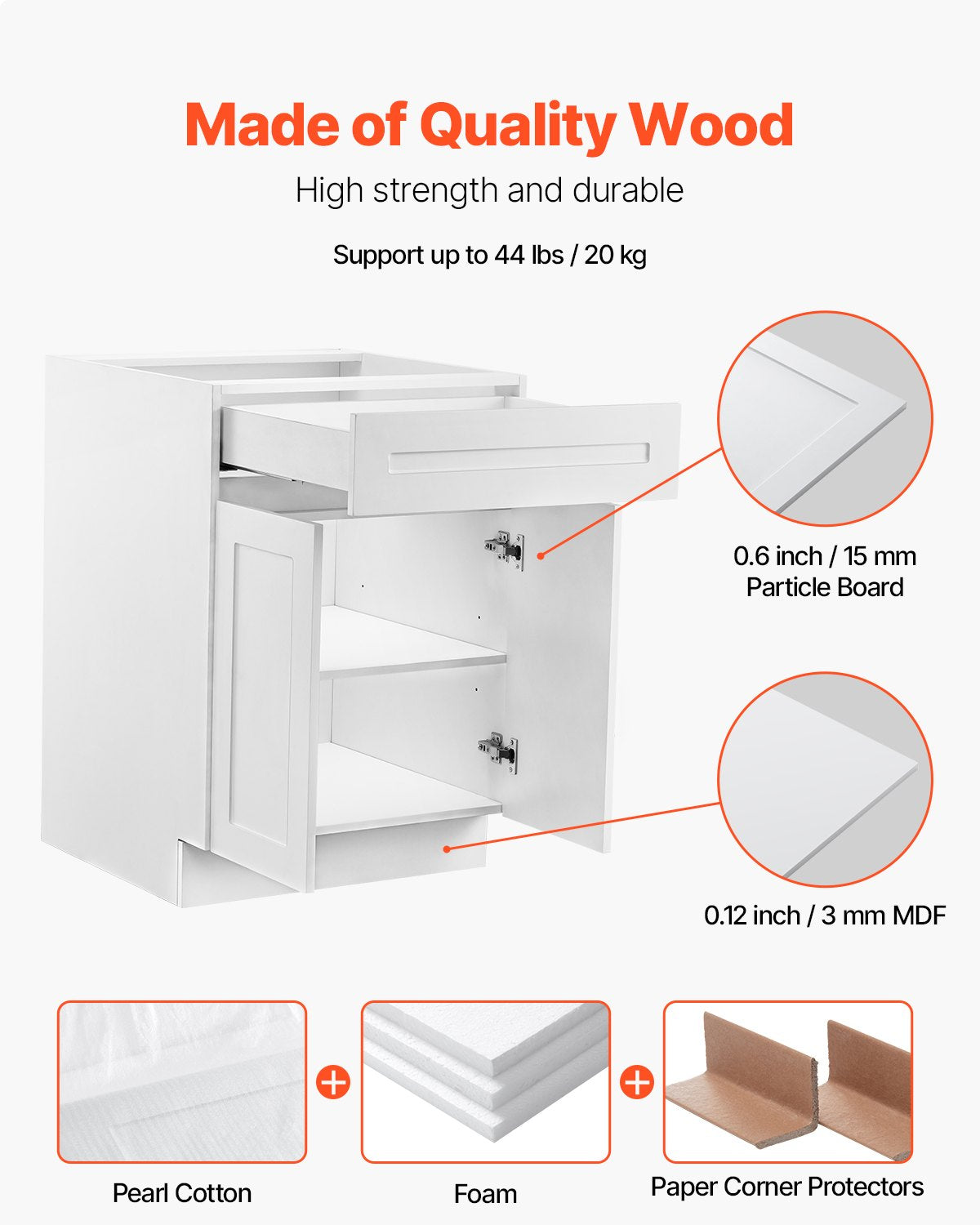 VEVOR White Shaker Base Cabinet with Drawer, 24-Inch Unassembled Drawer Base Cabinet, 24" W x 24" D x 34.5" H Ready to Assemble Cabinet with Soft-Close Doors and Adjustable Shelf, for Home Office - CJDJCJDJ1C2M8GMH3V0 - view 3