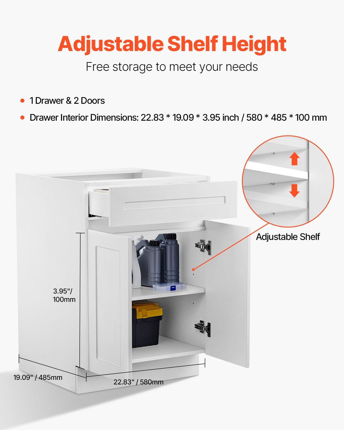 VEVOR White Shaker Base Cabinet with Drawer, 24-Inch Unassembled Drawer Base Cabinet, 24" W x 24" D x 34.5" H Ready to Assemble Cabinet with Soft-Close Doors and Adjustable Shelf, for Home Office - CJDJCJDJ1C2M8GMH3V0 - view 6