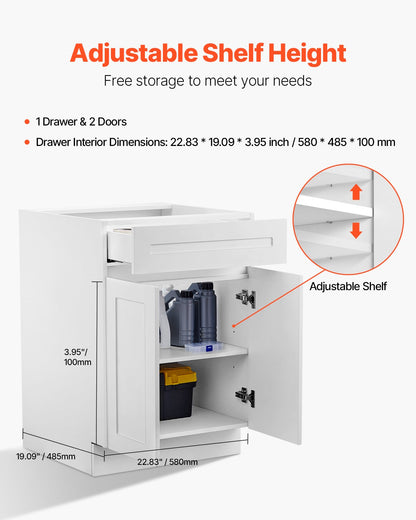 VEVOR White Shaker Base Cabinet with Drawer, 24-Inch Unassembled Drawer Base Cabinet, 24" W x 24" D x 34.5" H Ready to Assemble Cabinet with Soft-Close Doors and Adjustable Shelf, for Home Office - CJDJCJDJ1C2M8GMH3V0 - view 6