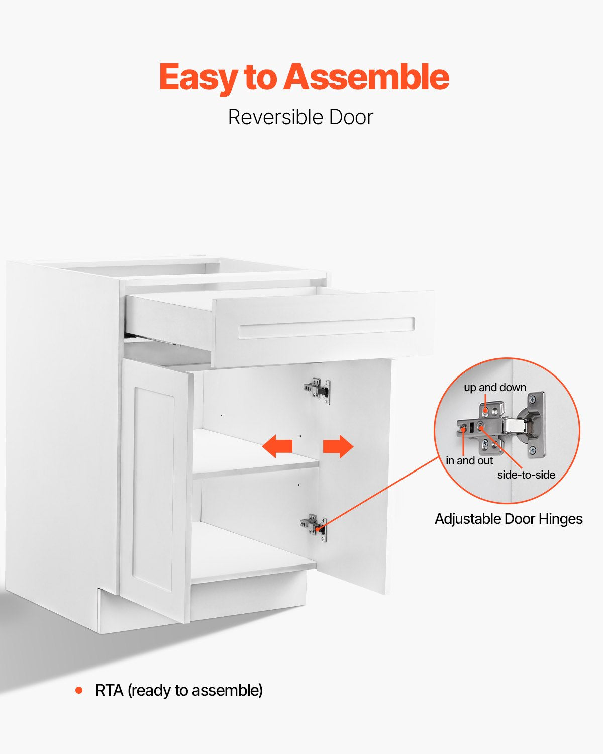VEVOR White Shaker Base Cabinet with Drawer, 24-Inch Unassembled Drawer Base Cabinet, 24" W x 24" D x 34.5" H Ready to Assemble Cabinet with Soft-Close Doors and Adjustable Shelf, for Home Office - CJDJCJDJ1C2M8GMH3V0 - view 7