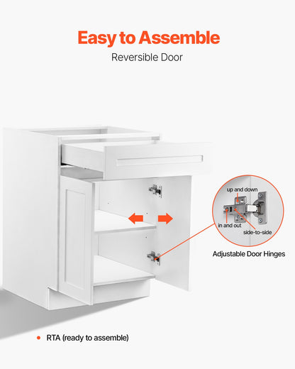 VEVOR White Shaker Base Cabinet with Drawer, 24-Inch Unassembled Drawer Base Cabinet, 24" W x 24" D x 34.5" H Ready to Assemble Cabinet with Soft-Close Doors and Adjustable Shelf, for Home Office - CJDJCJDJ1C2M8GMH3V0 - view 7