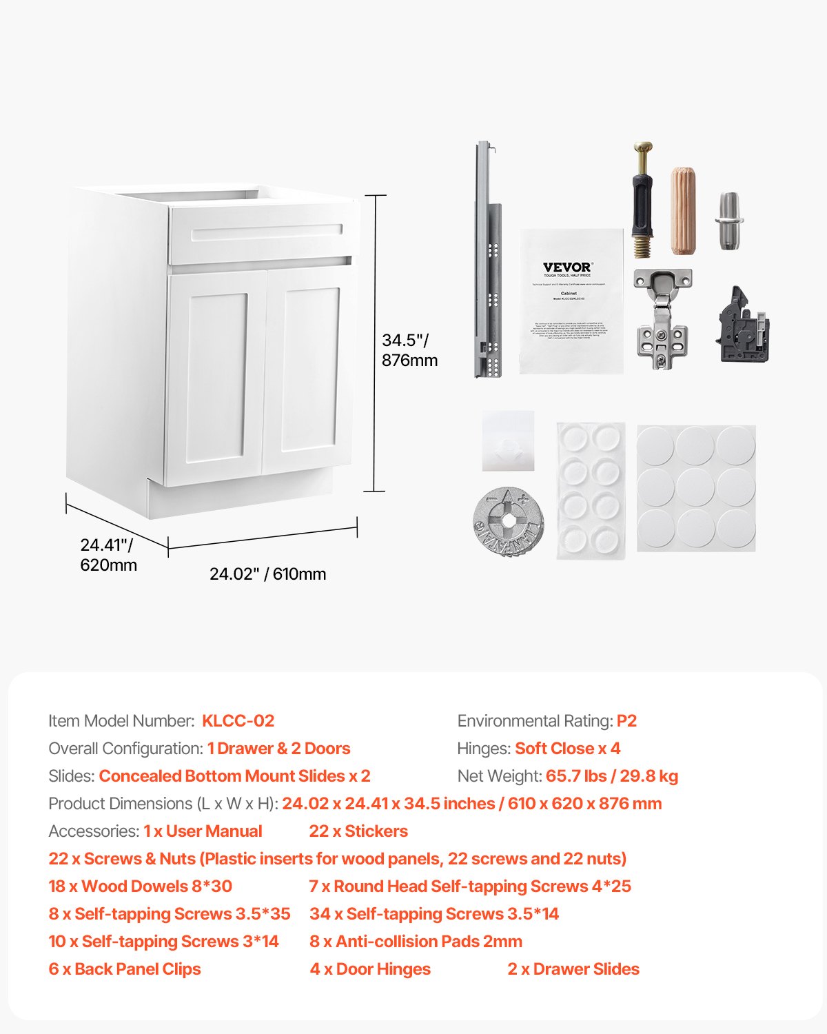 VEVOR White Shaker Base Cabinet with Drawer, 24-Inch Unassembled Drawer Base Cabinet, 24" W x 24" D x 34.5" H Ready to Assemble Cabinet with Soft-Close Doors and Adjustable Shelf, for Home Office - CJDJCJDJ1C2M8GMH3V0 - view 8
