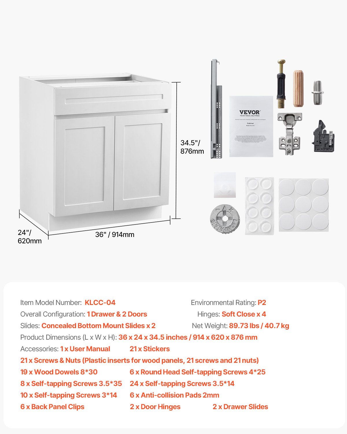 VEVOR White Shaker Base Cabinet with Drawer, 36-Inch Unassembled Drawer Base Cabinet, 36" W x 24" D x 34.5" H Ready to Assemble Cabinet with Soft-Close Doors and Adjustable Shelf, for Home Office - CJDJCJDJ1C2MIUY5PV0 - view 8