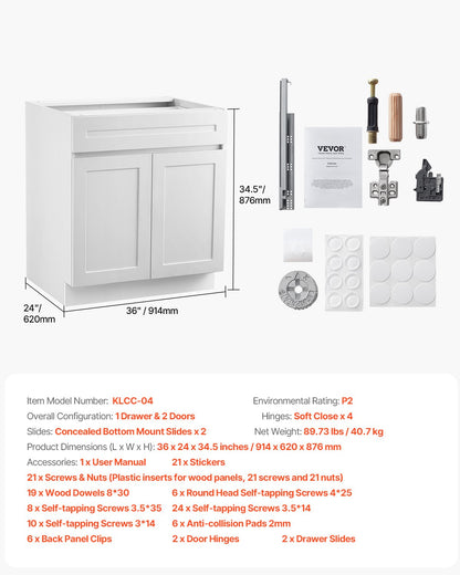 VEVOR White Shaker Base Cabinet with Drawer, 36-Inch Unassembled Drawer Base Cabinet, 36" W x 24" D x 34.5" H Ready to Assemble Cabinet with Soft-Close Doors and Adjustable Shelf, for Home Office - CJDJCJDJ1C2MIUY5PV0 - view 8