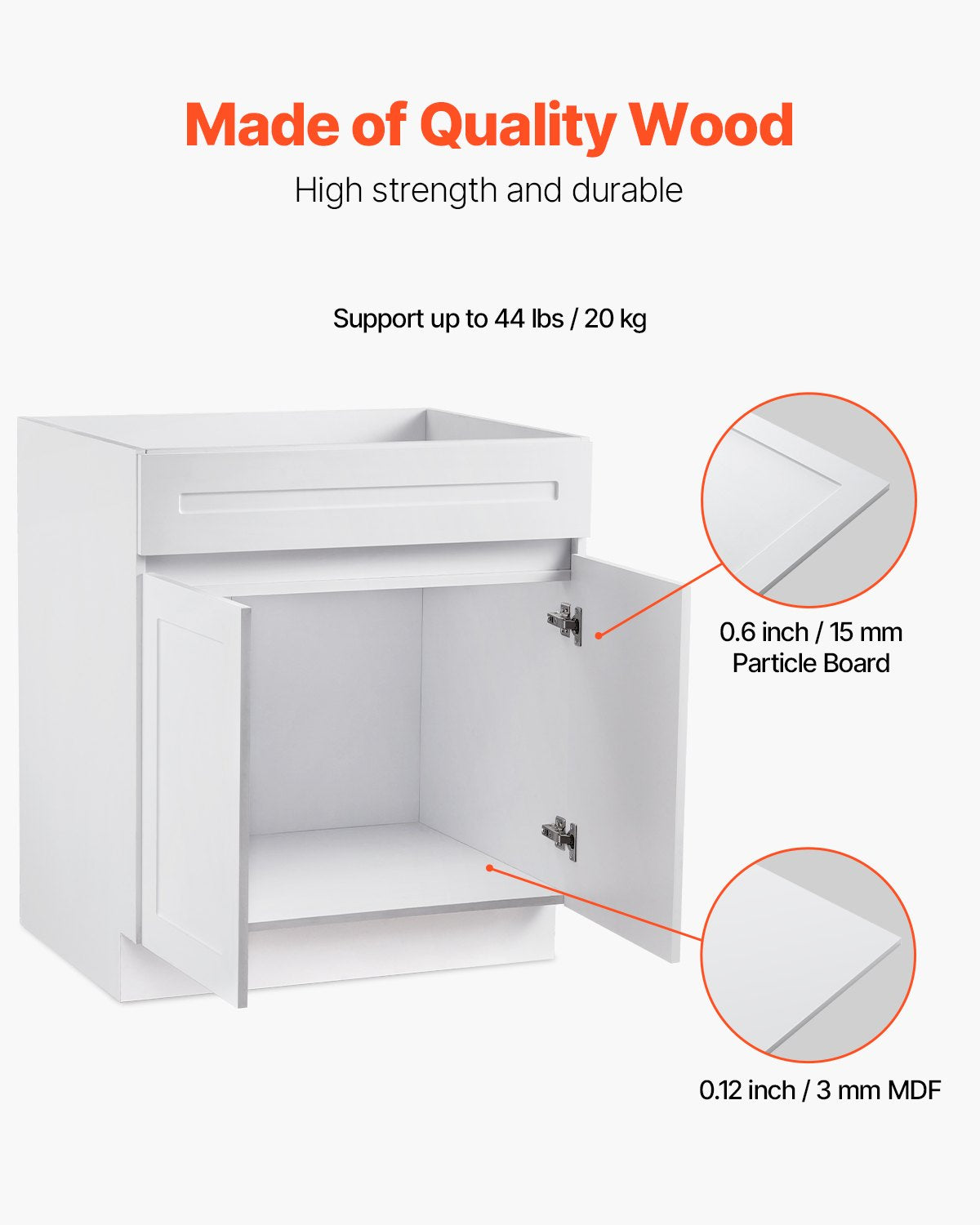 VEVOR White Shaker Base Cabinet, 30-Inch Unassembled Sink Base Cabinet, 30" W x 24" D x 34.5" H Ready to Assemble Cabinet with Soft-Close Doors and Adjustable Shelf, for Home Office - CJDJCJSCDJ1J72CDAV0 - view 3