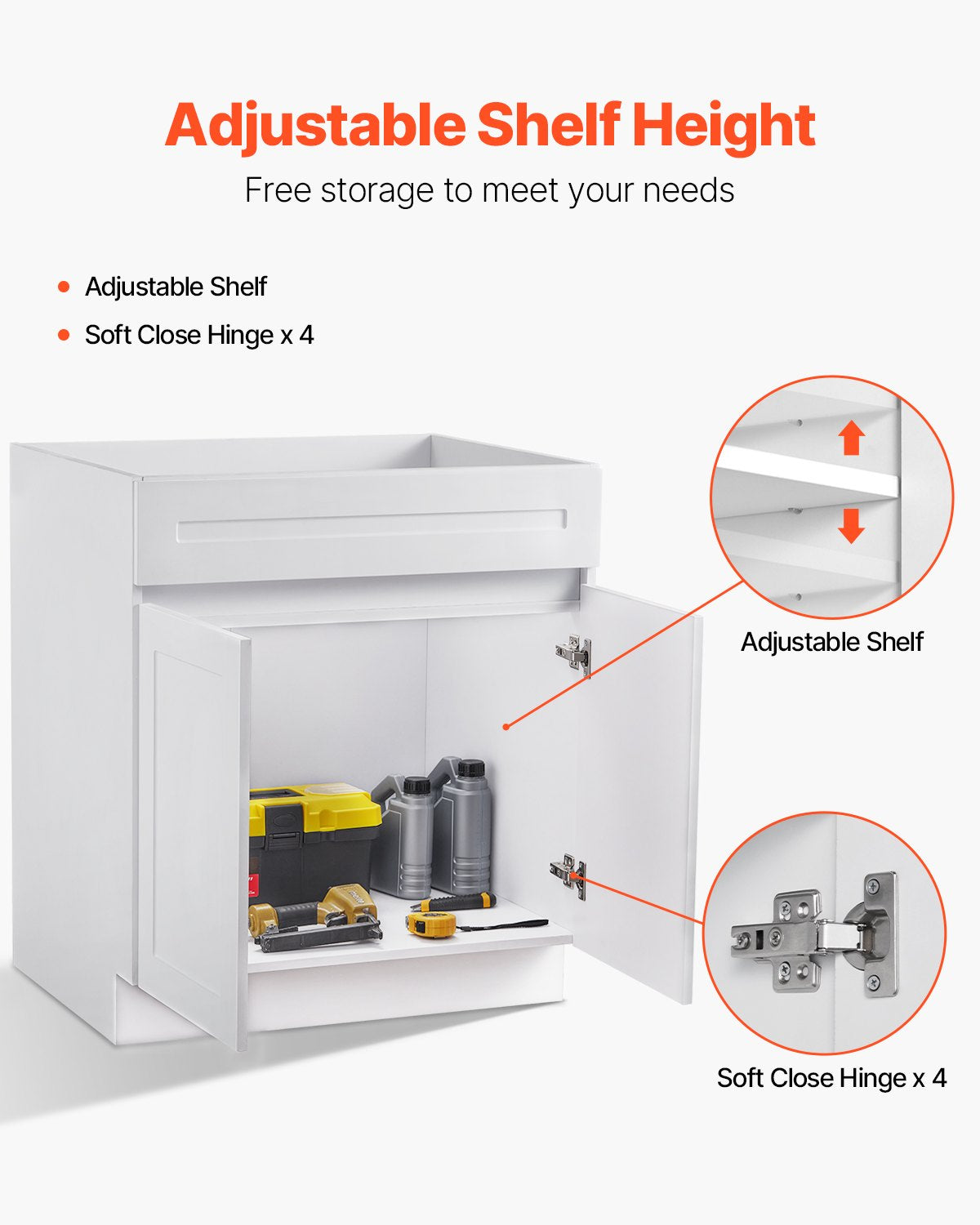 VEVOR White Shaker Base Cabinet, 30-Inch Unassembled Sink Base Cabinet, 30" W x 24" D x 34.5" H Ready to Assemble Cabinet with Soft-Close Doors and Adjustable Shelf, for Home Office - CJDJCJSCDJ1J72CDAV0 - view 6