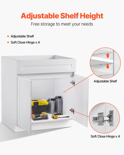 VEVOR White Shaker Base Cabinet, 30-Inch Unassembled Sink Base Cabinet, 30" W x 24" D x 34.5" H Ready to Assemble Cabinet with Soft-Close Doors and Adjustable Shelf, for Home Office - CJDJCJSCDJ1J72CDAV0 - view 6