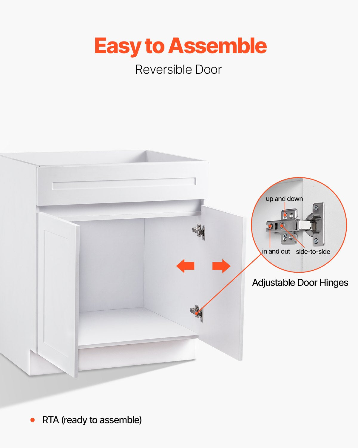 VEVOR White Shaker Base Cabinet, 30-Inch Unassembled Sink Base Cabinet, 30" W x 24" D x 34.5" H Ready to Assemble Cabinet with Soft-Close Doors and Adjustable Shelf, for Home Office - CJDJCJSCDJ1J72CDAV0 - view 7