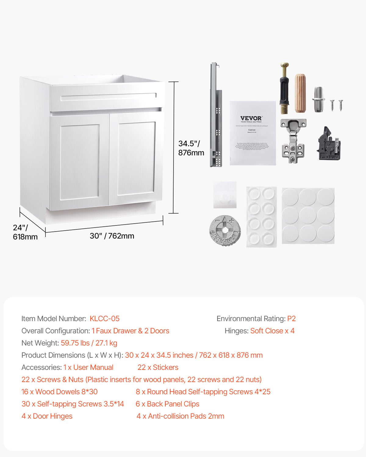 VEVOR White Shaker Base Cabinet, 30-Inch Unassembled Sink Base Cabinet, 30" W x 24" D x 34.5" H Ready to Assemble Cabinet with Soft-Close Doors and Adjustable Shelf, for Home Office - CJDJCJSCDJ1J72CDAV0 - view 8