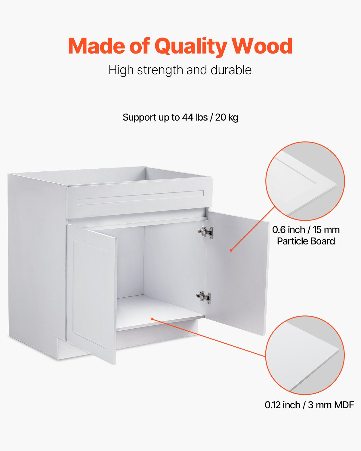 VEVOR White Shaker Base Cabinet, 36-Inch Unassembled Sink Base Cabinet, 36" W x 24" D x 34.5" H Ready to Assemble Cabinet with Soft-Close Doors and Adjustable Shelf, for Home Office - CJDJCJSCDJ1JOXNQ5V0 - view 3