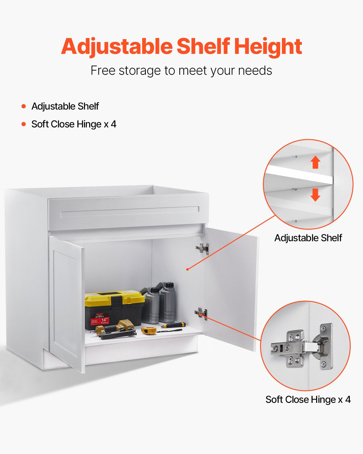 VEVOR White Shaker Base Cabinet, 36-Inch Unassembled Sink Base Cabinet, 36" W x 24" D x 34.5" H Ready to Assemble Cabinet with Soft-Close Doors and Adjustable Shelf, for Home Office - CJDJCJSCDJ1JOXNQ5V0 - view 6