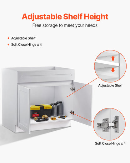 VEVOR White Shaker Base Cabinet, 36-Inch Unassembled Sink Base Cabinet, 36" W x 24" D x 34.5" H Ready to Assemble Cabinet with Soft-Close Doors and Adjustable Shelf, for Home Office - CJDJCJSCDJ1JOXNQ5V0 - view 6