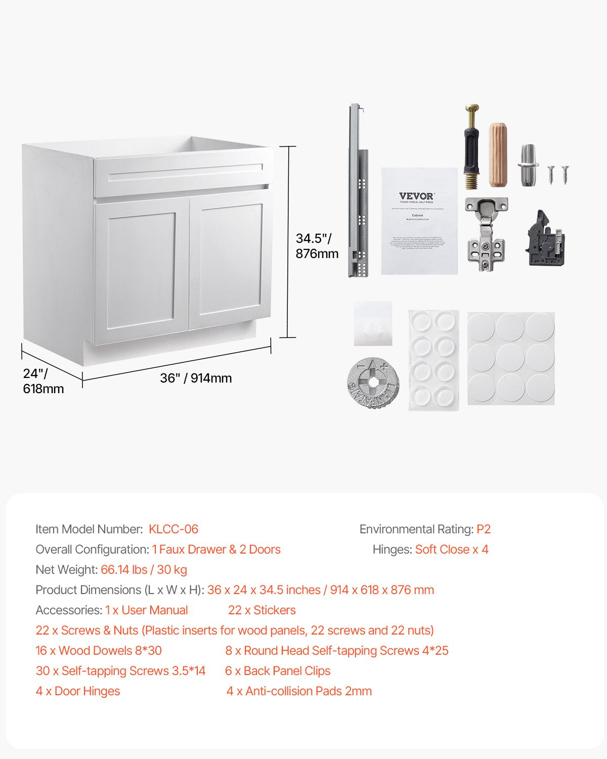 VEVOR White Shaker Base Cabinet, 36-Inch Unassembled Sink Base Cabinet, 36" W x 24" D x 34.5" H Ready to Assemble Cabinet with Soft-Close Doors and Adjustable Shelf, for Home Office - CJDJCJSCDJ1JOXNQ5V0 - view 8