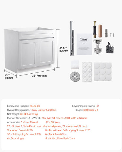 VEVOR White Shaker Base Cabinet, 36-Inch Unassembled Sink Base Cabinet, 36" W x 24" D x 34.5" H Ready to Assemble Cabinet with Soft-Close Doors and Adjustable Shelf, for Home Office - CJDJCJSCDJ1JOXNQ5V0 - view 8