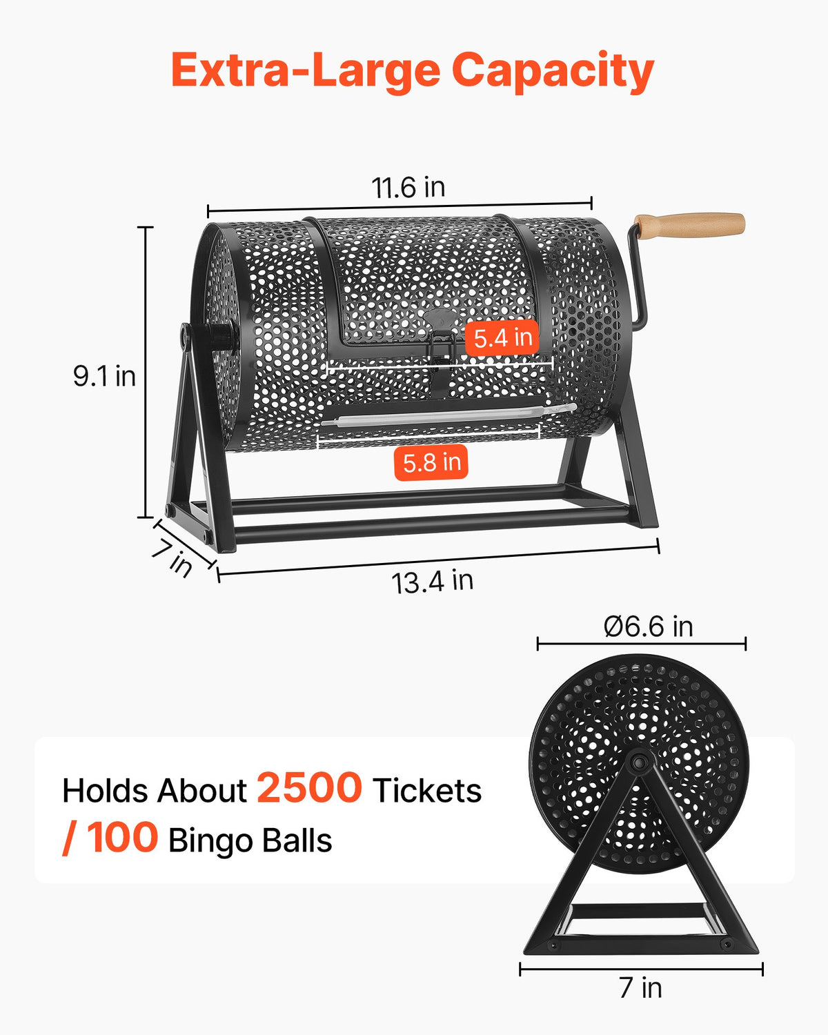 VEVOR Raffle Ticket Spinner, 11.6" x 6.6" Holds 2500 Tickets or 100 Ping Pong Balls, Raffle Drum Lottery Spinning Cage with Reinforced Handle, Stable Triangular Stand, for Events and Gatherings, Black - CJG12YCJSDZJNWU4Q002V0 - view 3