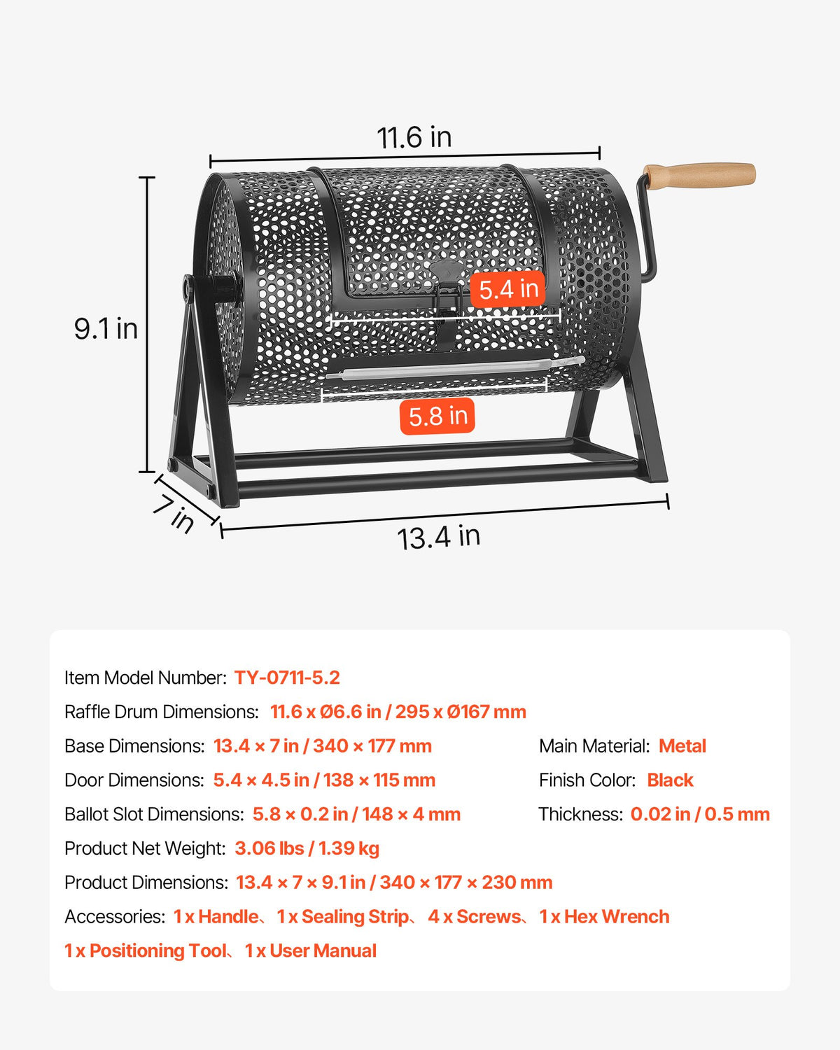 VEVOR Raffle Ticket Spinner, 11.6" x 6.6" Holds 2500 Tickets or 100 Ping Pong Balls, Raffle Drum Lottery Spinning Cage with Reinforced Handle, Stable Triangular Stand, for Events and Gatherings, Black - CJG12YCJSDZJNWU4Q002V0 - view 8
