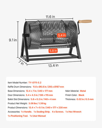 VEVOR Raffle Ticket Spinner, 11.6" x 6.6" Holds 2500 Tickets or 100 Ping Pong Balls, Raffle Drum Lottery Spinning Cage with Reinforced Handle, Stable Triangular Stand, for Events and Gatherings, Black - CJG12YCJSDZJNWU4Q002V0 - view 8