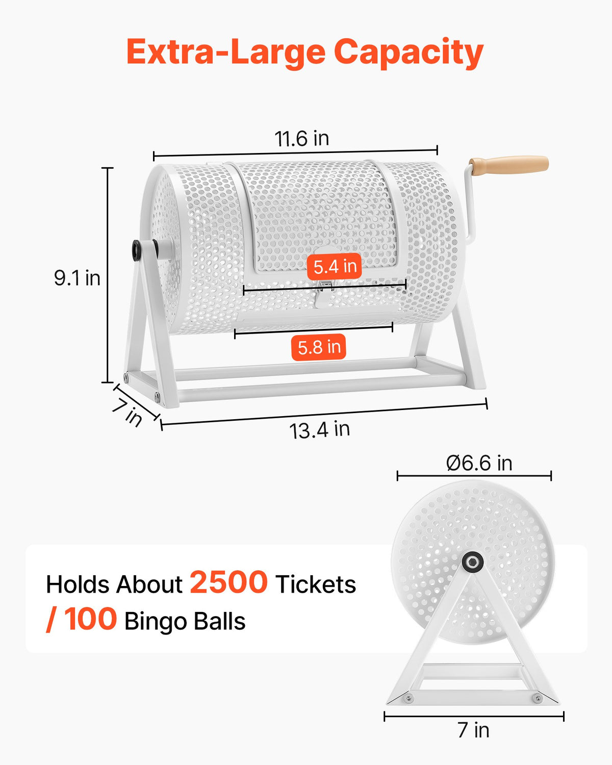 VEVOR Raffle Ticket Spinner, 11.6" x 6.6" Holds 2500 Tickets or 100 Ping Pong Balls, Raffle Drum Lottery Spinning Cage with Reinforced Handle, Stable Triangular Stand, for Events and Gatherings, White - CJG12YCJSDZJSJ9GK002V0 - view 3