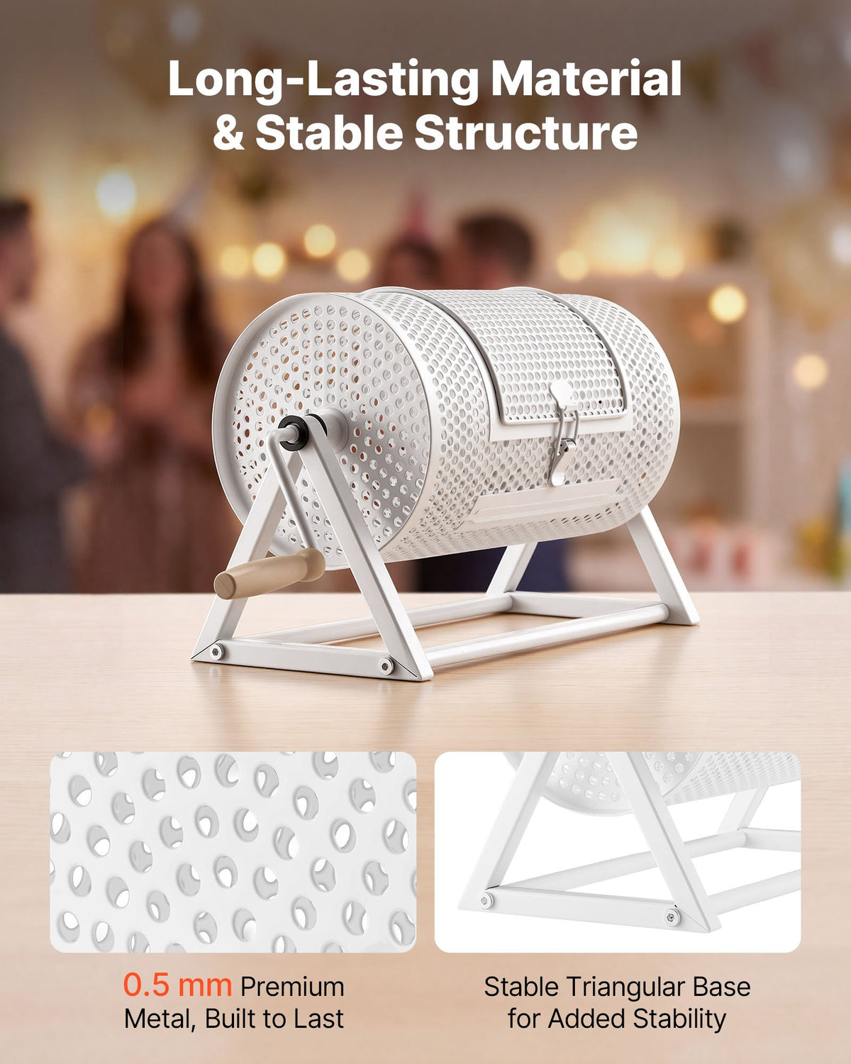 VEVOR Raffle Ticket Spinner, 11.6" x 6.6" Holds 2500 Tickets or 100 Ping Pong Balls, Raffle Drum Lottery Spinning Cage with Reinforced Handle, Stable Triangular Stand, for Events and Gatherings, White - CJG12YCJSDZJSJ9GK002V0 - view 4
