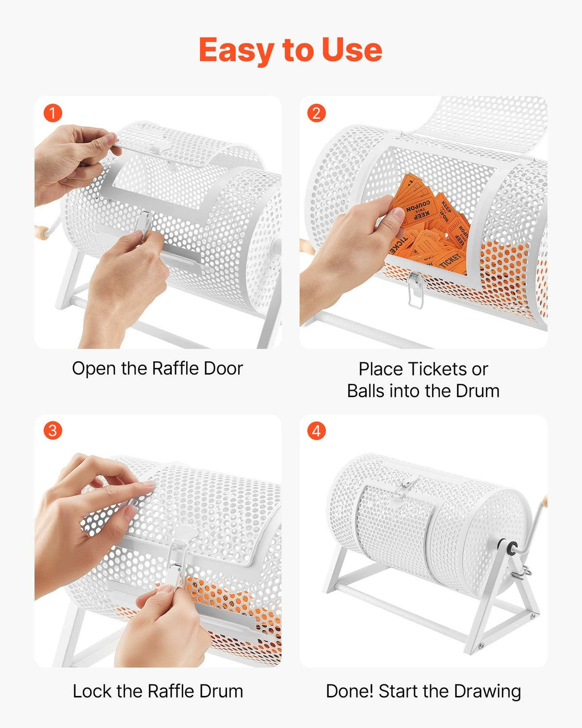 VEVOR Raffle Ticket Spinner, 11.6" x 6.6" Holds 2500 Tickets or 100 Ping Pong Balls, Raffle Drum Lottery Spinning Cage with Reinforced Handle, Stable Triangular Stand, for Events and Gatherings, White - CJG12YCJSDZJSJ9GK002V0 - view 6