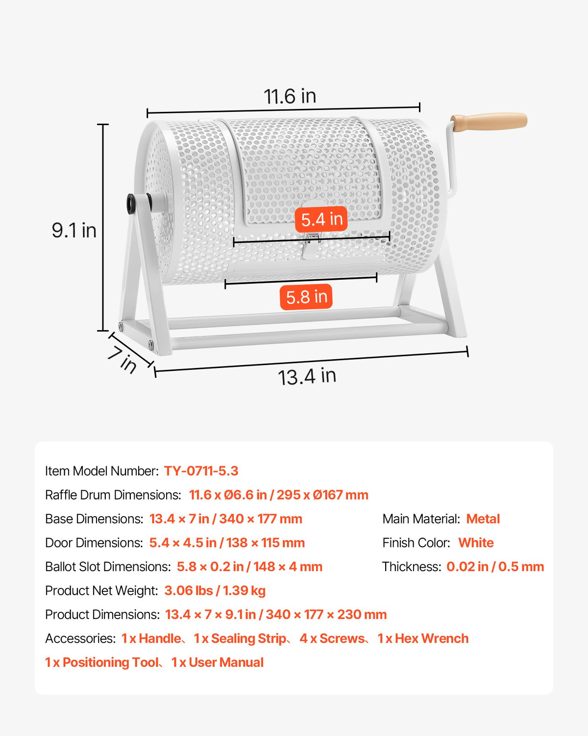 VEVOR Raffle Ticket Spinner, 11.6" x 6.6" Holds 2500 Tickets or 100 Ping Pong Balls, Raffle Drum Lottery Spinning Cage with Reinforced Handle, Stable Triangular Stand, for Events and Gatherings, White - CJG12YCJSDZJSJ9GK002V0 - view 8
