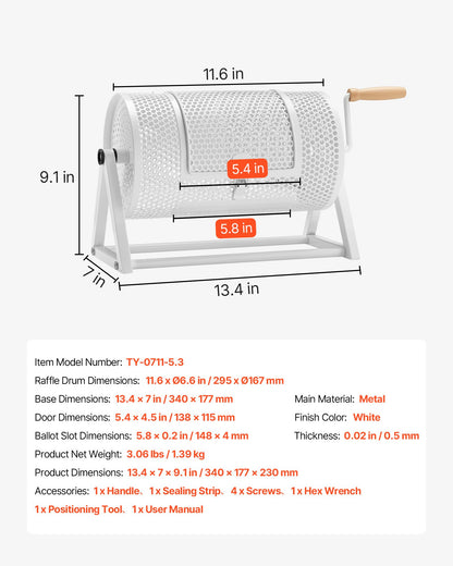 VEVOR Raffle Ticket Spinner, 11.6" x 6.6" Holds 2500 Tickets or 100 Ping Pong Balls, Raffle Drum Lottery Spinning Cage with Reinforced Handle, Stable Triangular Stand, for Events and Gatherings, White - CJG12YCJSDZJSJ9GK002V0 - view 8