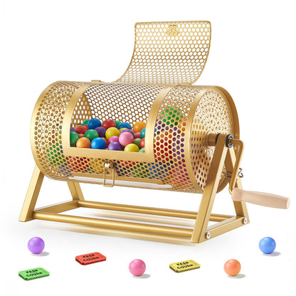 VEVOR Raffle Ticket Spinner, 11.6" x 6.6" Holds 2500 Tickets or 100 Ping Pong Balls, Raffle Drum Lottery Spinning Cage with Reinforced Handle, Stable Triangular Stand, for Events and Gatherings, Gold - CJG12YCJSDZJTUTEL002V0 - view 1