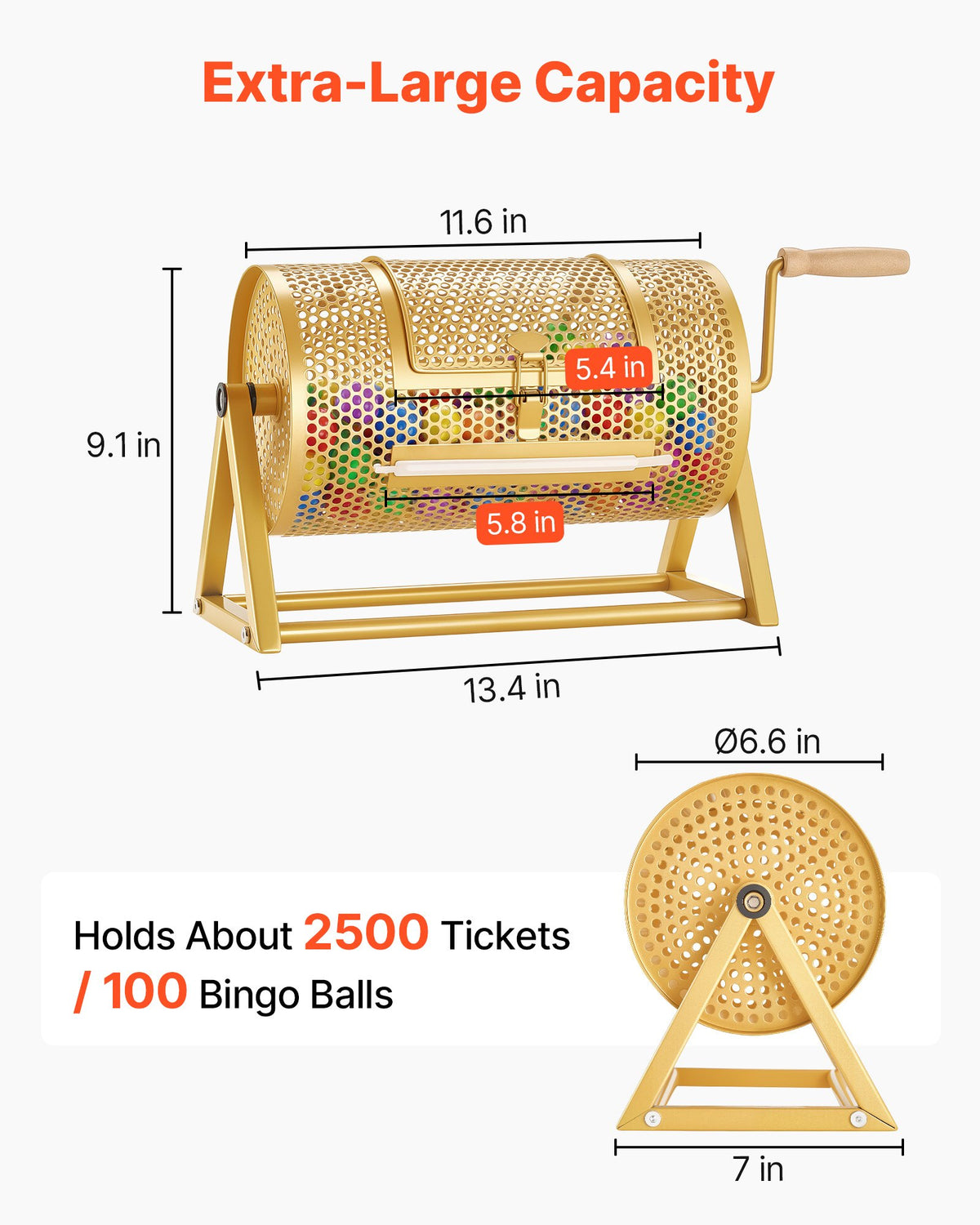 VEVOR Raffle Ticket Spinner, 11.6" x 6.6" Holds 2500 Tickets or 100 Ping Pong Balls, Raffle Drum Lottery Spinning Cage with Reinforced Handle, Stable Triangular Stand, for Events and Gatherings, Gold - CJG12YCJSDZJTUTEL002V0 - view 3