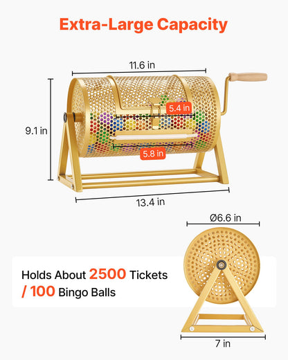 VEVOR Raffle Ticket Spinner, 11.6" x 6.6" Holds 2500 Tickets or 100 Ping Pong Balls, Raffle Drum Lottery Spinning Cage with Reinforced Handle, Stable Triangular Stand, for Events and Gatherings, Gold - CJG12YCJSDZJTUTEL002V0 - view 3