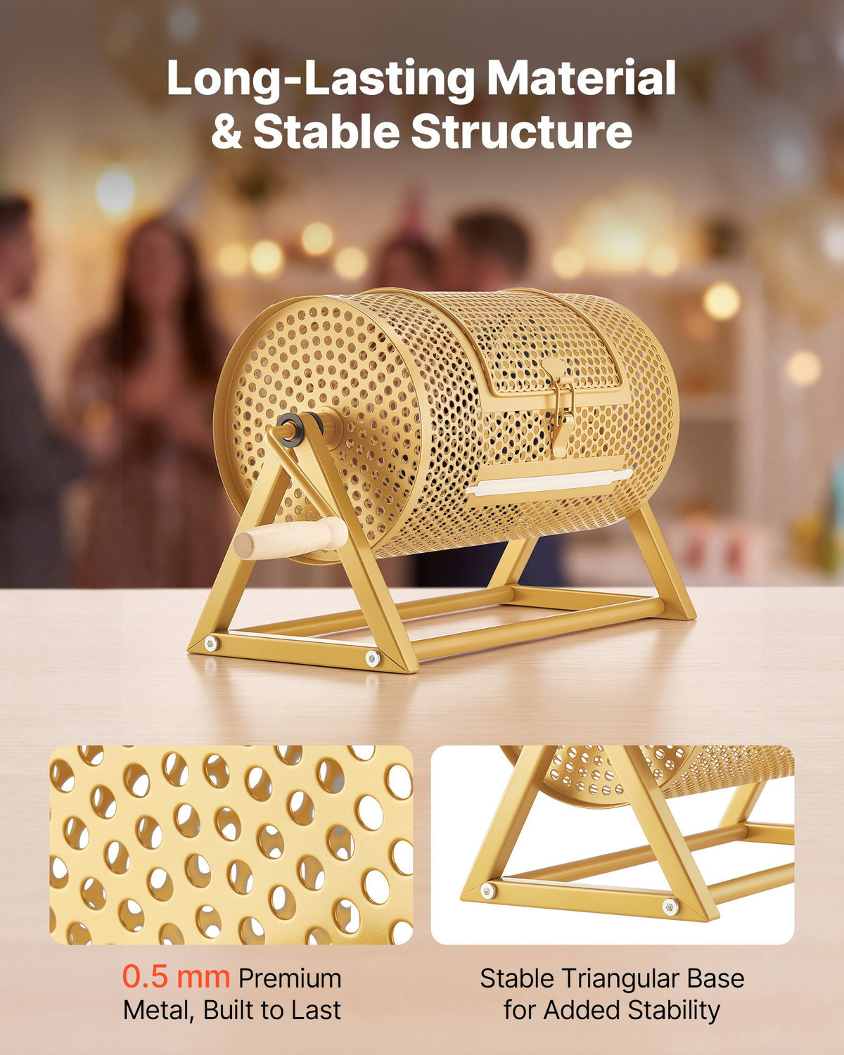 VEVOR Raffle Ticket Spinner, 11.6" x 6.6" Holds 2500 Tickets or 100 Ping Pong Balls, Raffle Drum Lottery Spinning Cage with Reinforced Handle, Stable Triangular Stand, for Events and Gatherings, Gold - CJG12YCJSDZJTUTEL002V0 - view 4