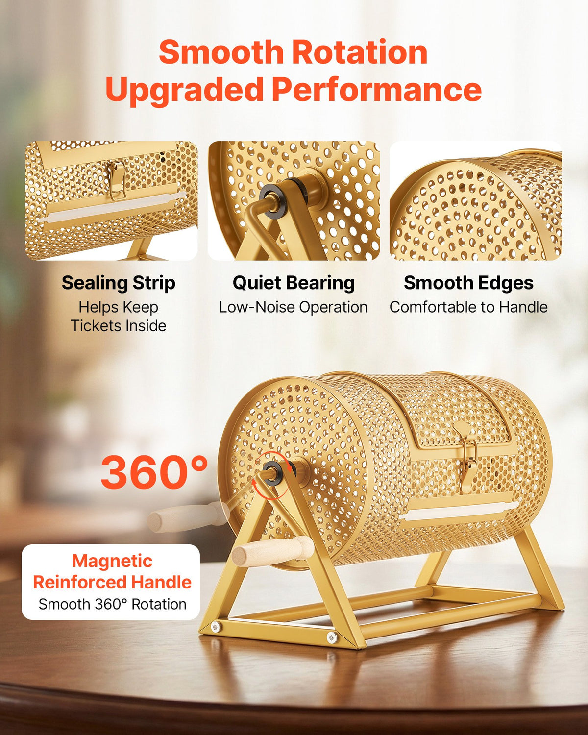 VEVOR Raffle Ticket Spinner, 11.6" x 6.6" Holds 2500 Tickets or 100 Ping Pong Balls, Raffle Drum Lottery Spinning Cage with Reinforced Handle, Stable Triangular Stand, for Events and Gatherings, Gold - CJG12YCJSDZJTUTEL002V0 - view 5