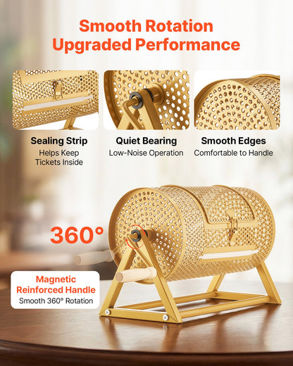 VEVOR Raffle Ticket Spinner, 11.6" x 6.6" Holds 2500 Tickets or 100 Ping Pong Balls, Raffle Drum Lottery Spinning Cage with Reinforced Handle, Stable Triangular Stand, for Events and Gatherings, Gold - CJG12YCJSDZJTUTEL002V0 - view 5