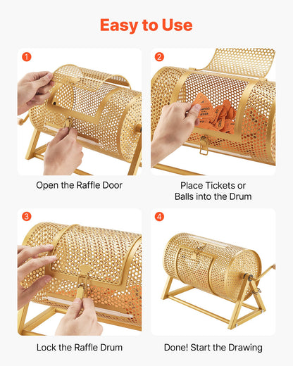 VEVOR Raffle Ticket Spinner, 11.6" x 6.6" Holds 2500 Tickets or 100 Ping Pong Balls, Raffle Drum Lottery Spinning Cage with Reinforced Handle, Stable Triangular Stand, for Events and Gatherings, Gold - CJG12YCJSDZJTUTEL002V0 - view 6