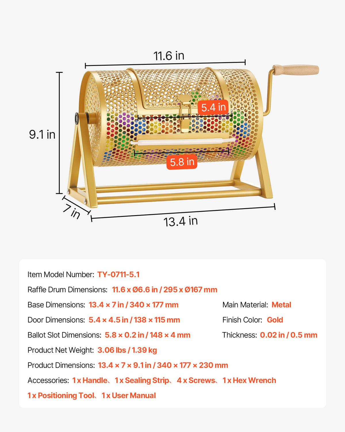 VEVOR Raffle Ticket Spinner, 11.6" x 6.6" Holds 2500 Tickets or 100 Ping Pong Balls, Raffle Drum Lottery Spinning Cage with Reinforced Handle, Stable Triangular Stand, for Events and Gatherings, Gold - CJG12YCJSDZJTUTEL002V0 - view 8