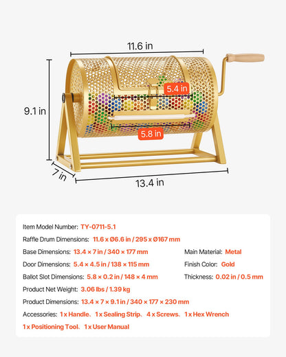 VEVOR Raffle Ticket Spinner, 11.6" x 6.6" Holds 2500 Tickets or 100 Ping Pong Balls, Raffle Drum Lottery Spinning Cage with Reinforced Handle, Stable Triangular Stand, for Events and Gatherings, Gold - CJG12YCJSDZJTUTEL002V0 - view 8
