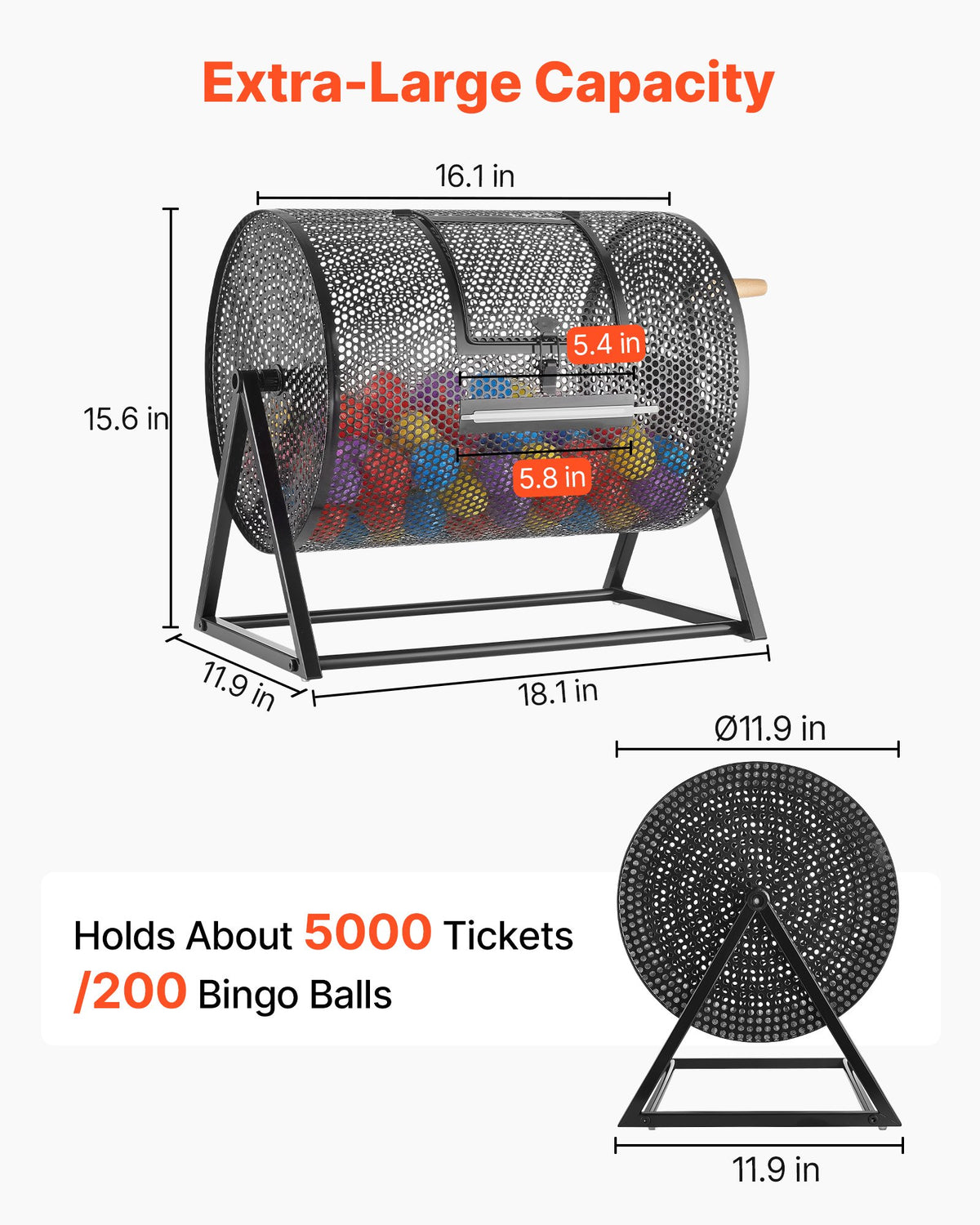 VEVOR Raffle Ticket Spinner, 16.1" x 11.9" Holds 5000 Tickets or 200 Ping Pong Balls, Raffle Drum Lottery Spinning Cage with Reinforced Handle, Stable Triangular Stand, for Events, Gatherings, Black - CJG16YCJSDZJ08RPU002V0 - view 3